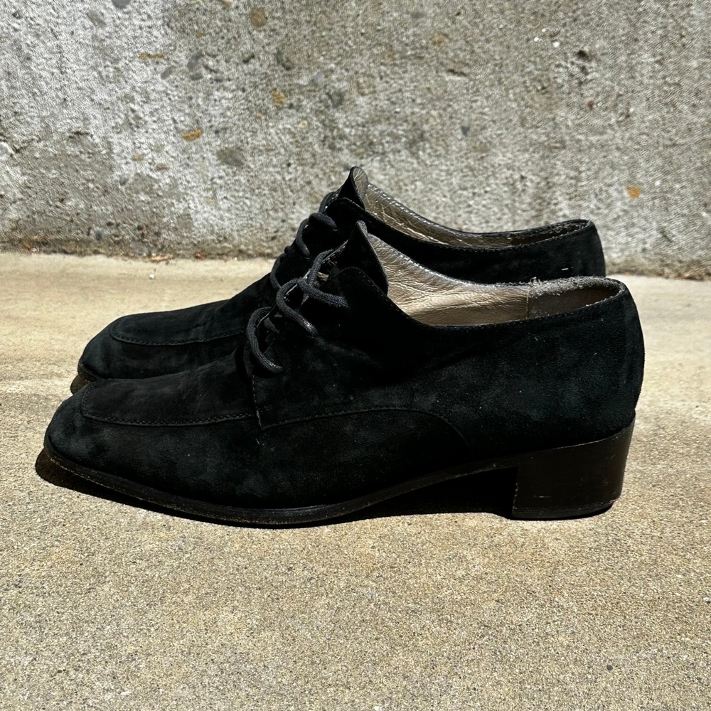 Russell & Bromley Black Suede Square Toe Lace Up Block Heel Oxfords Italy 36.5